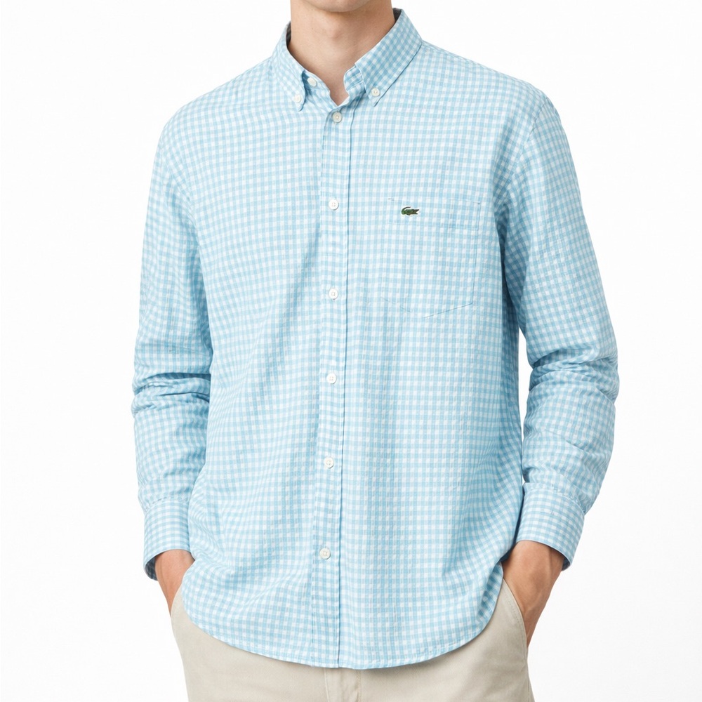 Lacoste Men's Aqua Checkered Button Down Shirt